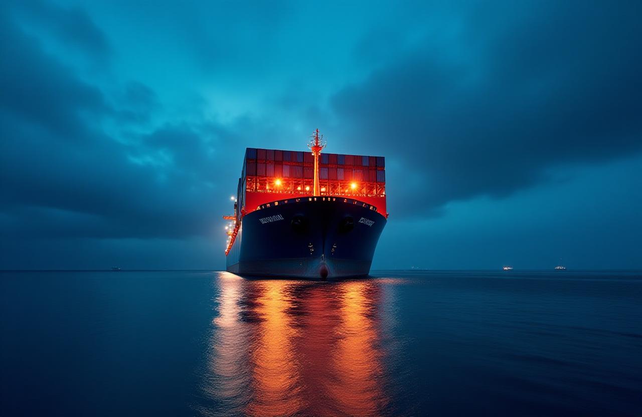 Global container ship at twilight