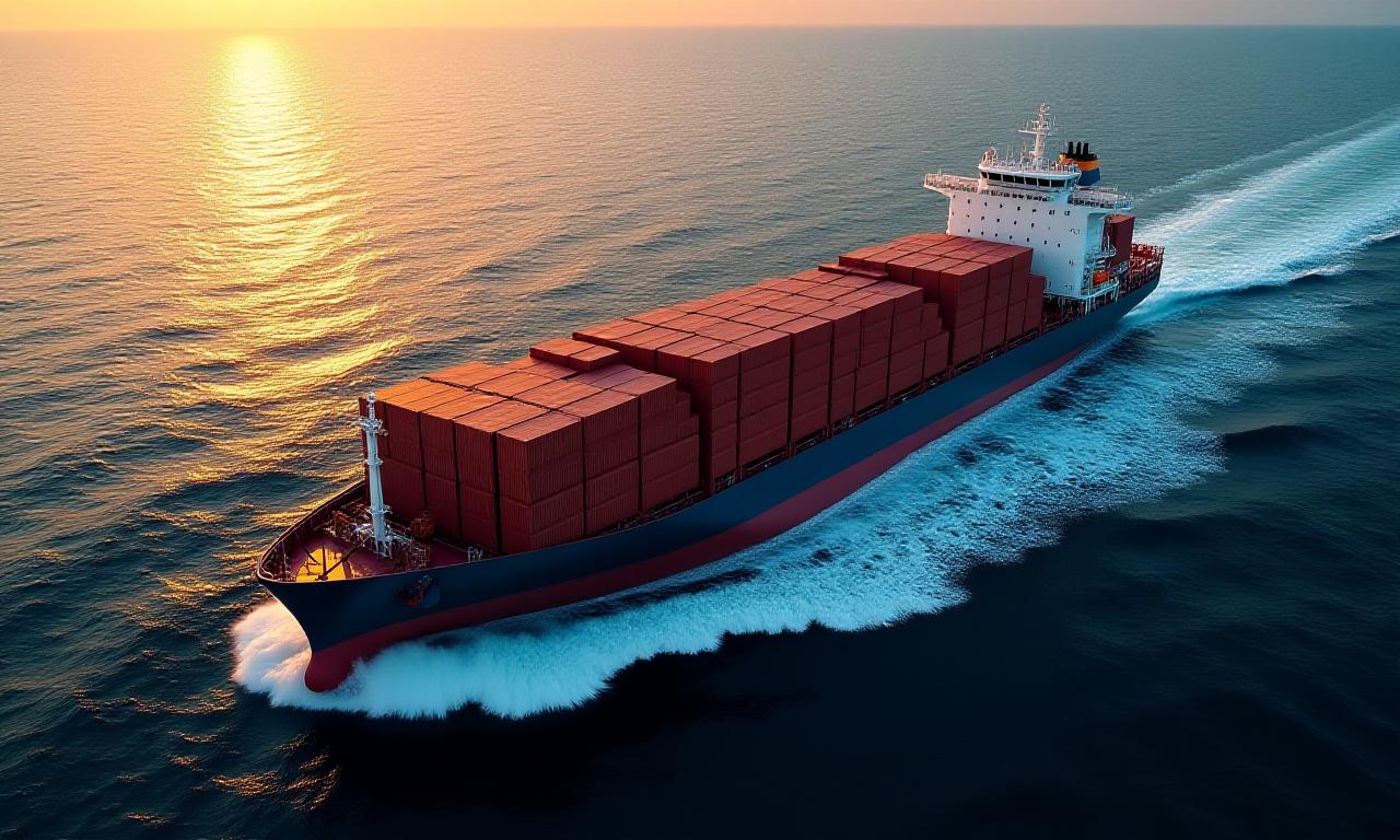 Cargo ship navigating a calm blue ocean with digital map overlay